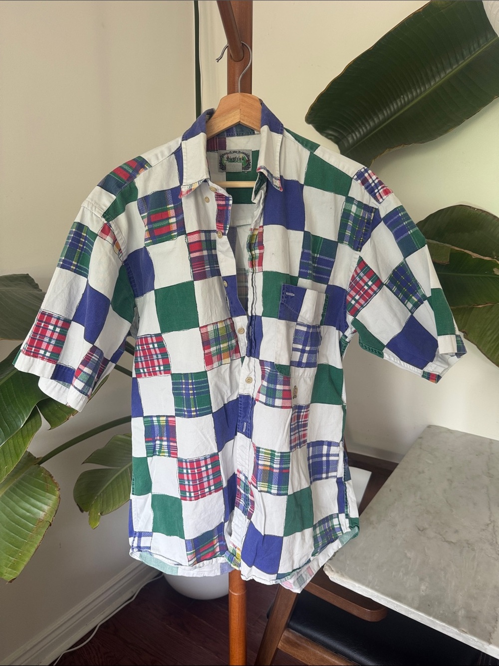 Classic Patchwork Check Short-Sleeve Shirt - White, Green & Blue